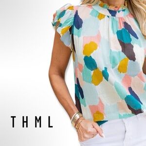 THML multi swatch pattern mock neck flutter sleeve top - like new, size s